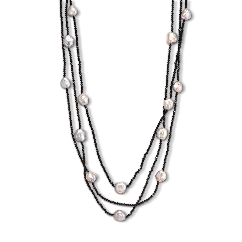 Black Spinel Triple Strand Necklace with Keshi Pearls