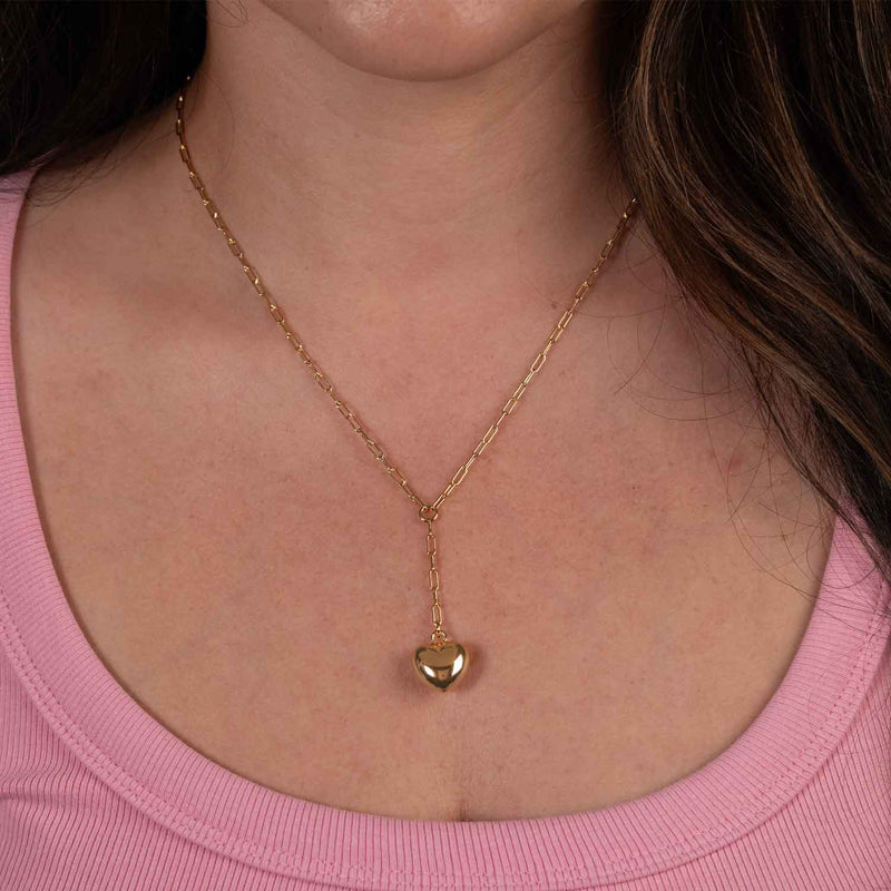 Heart Drop Paperclip Necklace, Yellow Gold Plated