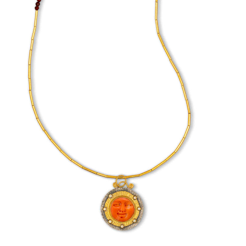 Gold Plated Tubular Links Necklace with Garnet, Sterling Silver and 24K Gold