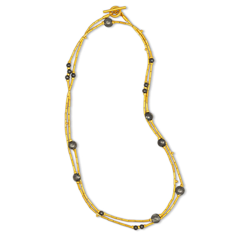 Gold Plated Tubular Links and Bead Necklace, Sterling Silver and 24K Gold