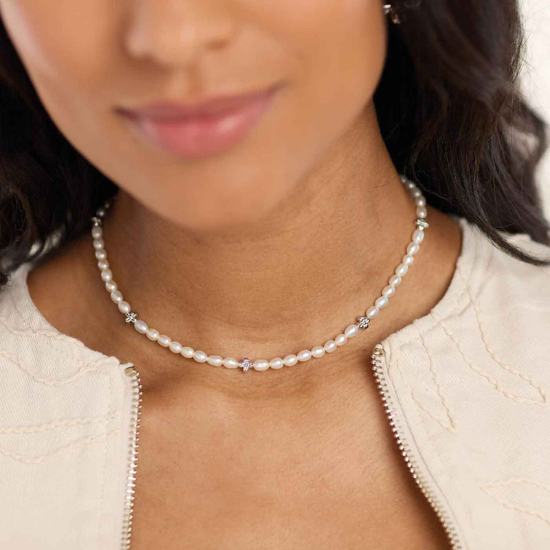 Blossom Flyte Honey Flower Pearl Station Necklace, Sterling Silver