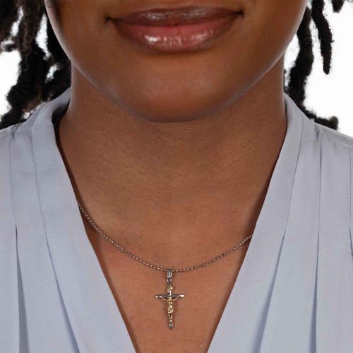 Crucifix, Sterling Silver and 14K Yellow Gold, 18 Inches