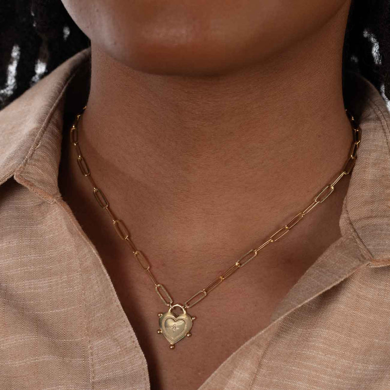 Heart Lock on Paperclip Necklace, Gold Plated