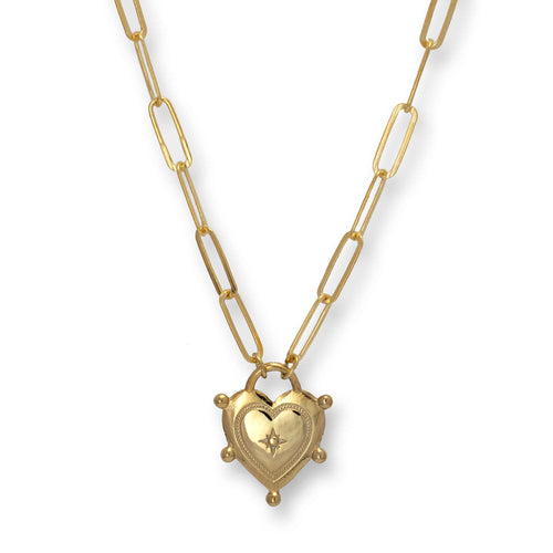 Heart Lock on Paperclip Necklace, Gold Plated