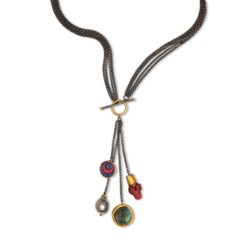 Four Charms Necklace, Sterling Silver and 24K Yellow Gold