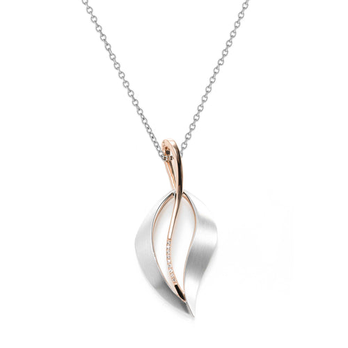 Modern Open Leaf Pendant, Sterling Silver with Rose Gold Detail