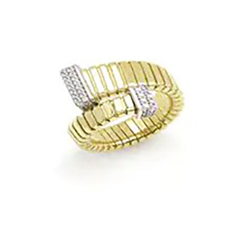 Ribbed By Pass Style Ring with CZ, Gold Plated Over Silver