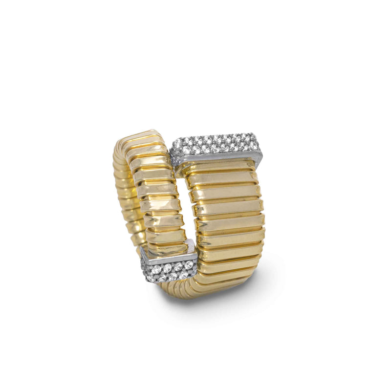 Ribbed By Pass Style Ring with CZ, Gold Plated Over Silver
