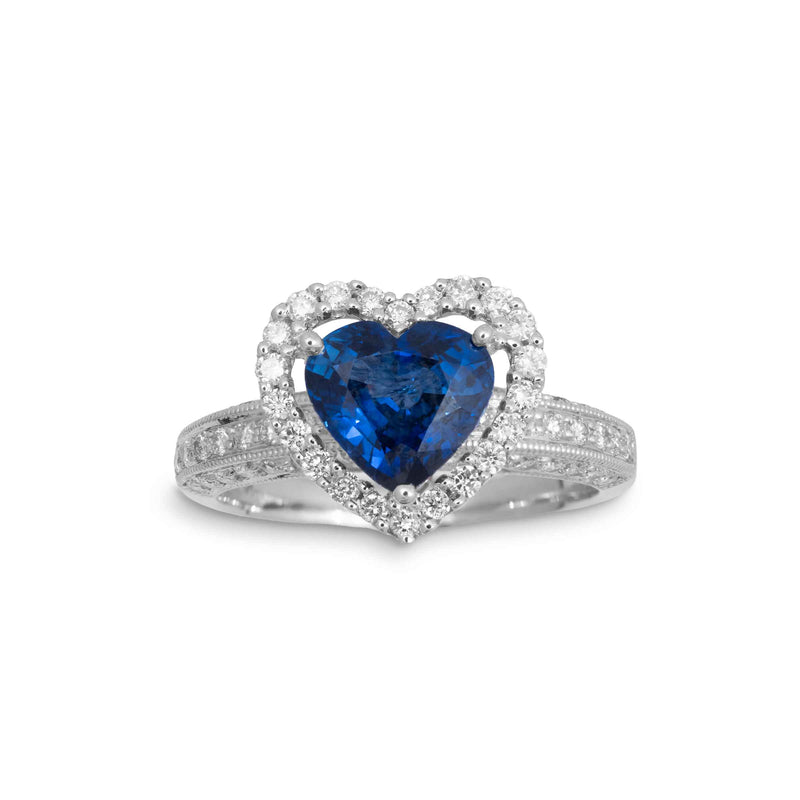 Pre-Owned Sapphire and Diamond Halo Heart Ring, 18K White Gold