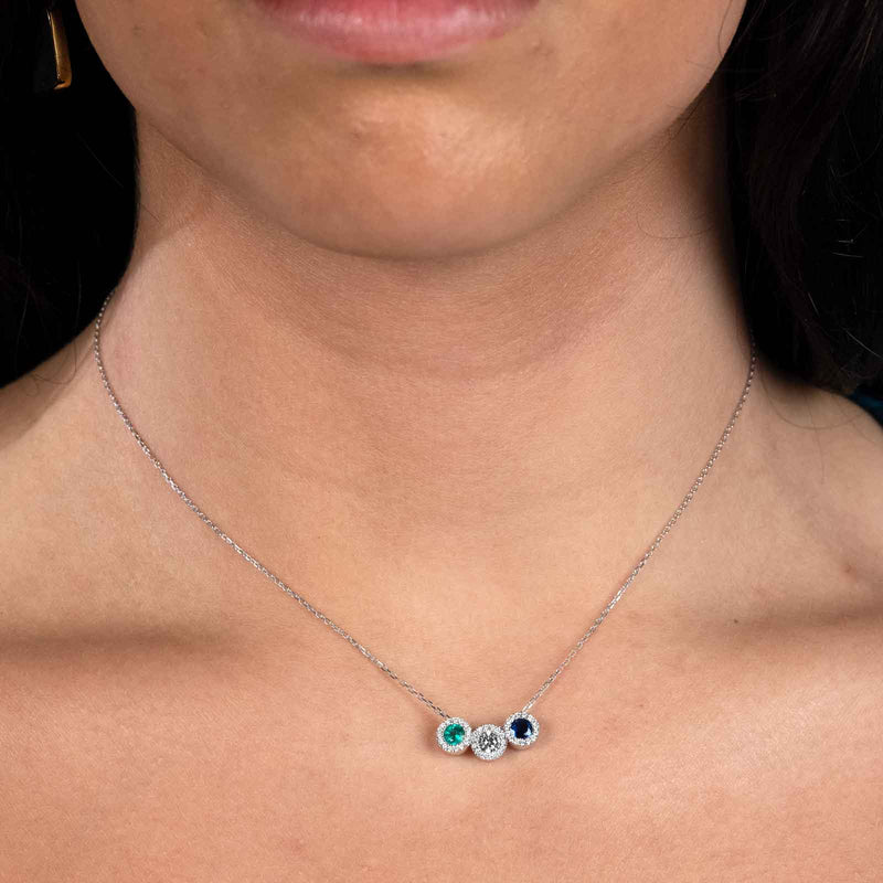 Emerald and Diamond Halo Pendant, 14K White Gold, on Silver Chain
