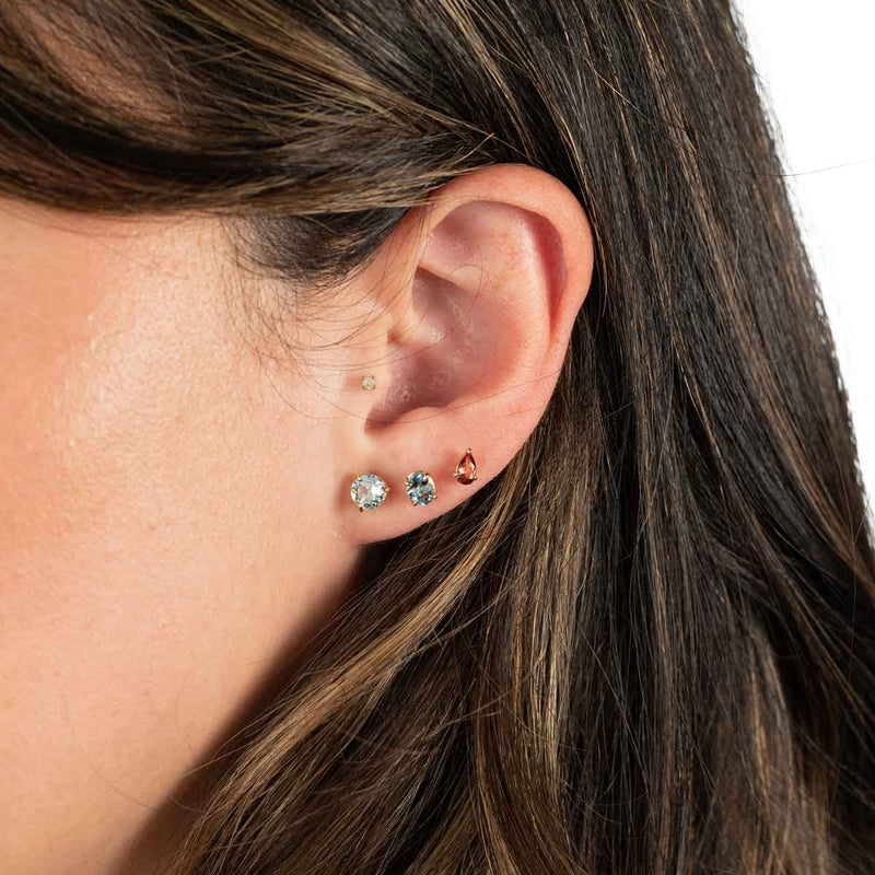 Single Round Aquamarine Stud, 5 MM, 14K Yellow Gold