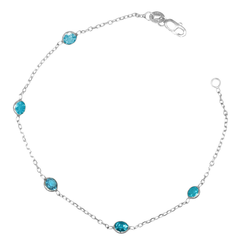 Bezel Set Blue Topaz Station Ankle Bracelet, 14K White Gold