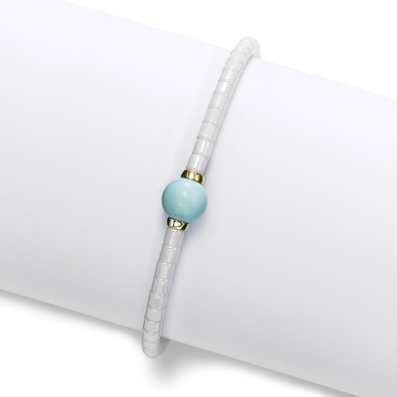 White Ceramic Bead Bracelet with Turquoise Bead, 18K Yellow Gold