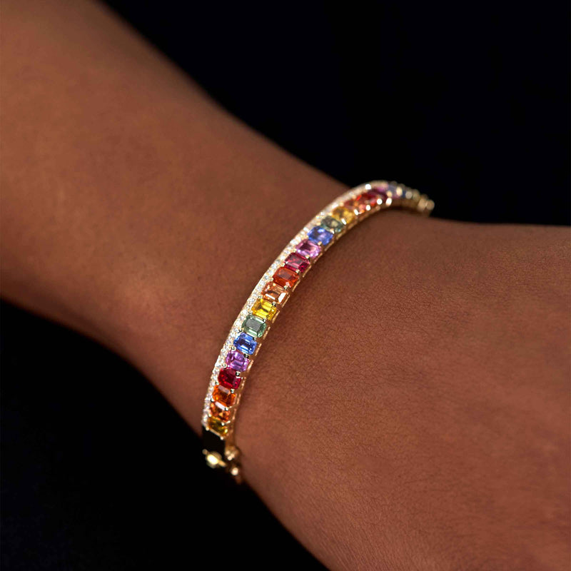 Rainbow Gemstone Bangle Bracelet, 14K Yellow Gold