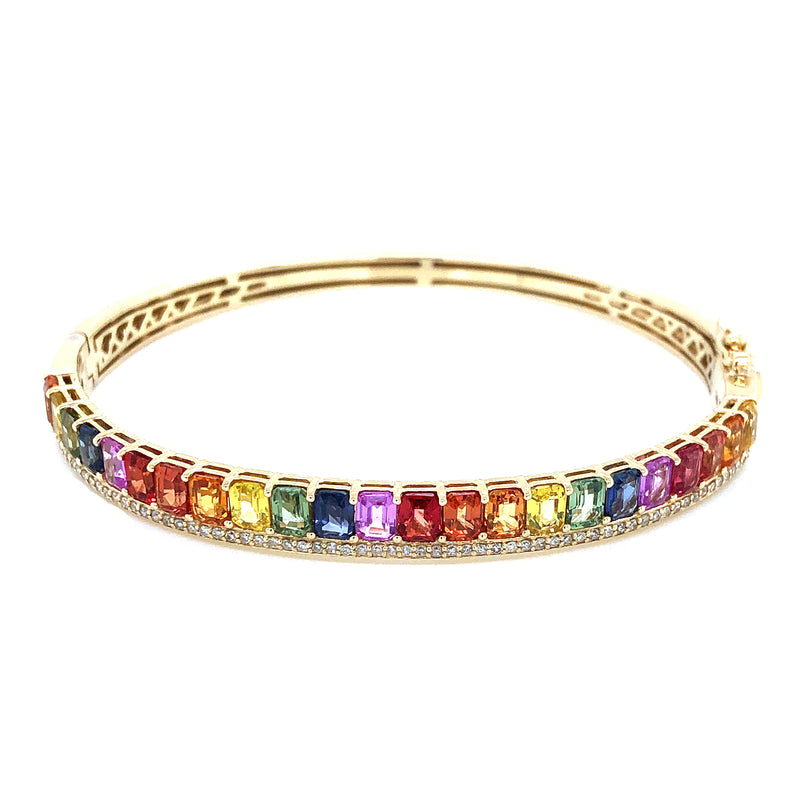 Rainbow Gemstone Bangle Bracelet, 14K Yellow Gold