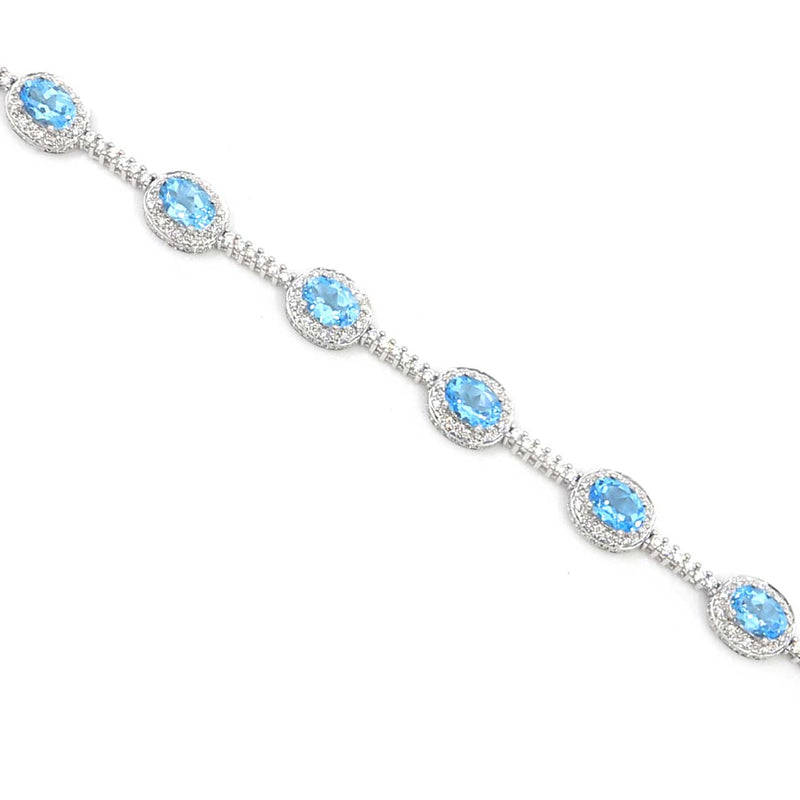 Blue Topaz and Diamond Halo Bracelet, 14K White Gold
