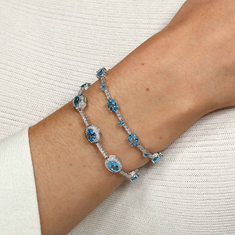 Oval and Round Blue Topaz and Diamond Bracelet, 14K White Gold