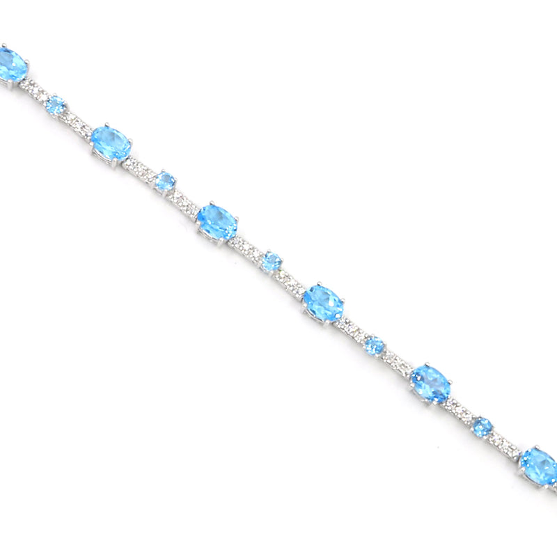 Oval and Round Blue Topaz and Diamond Bracelet, 14K White Gold