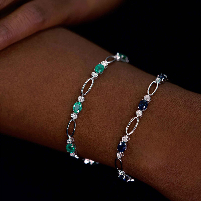 Emerald and Diamond Link Bracelet, 14K White Gold