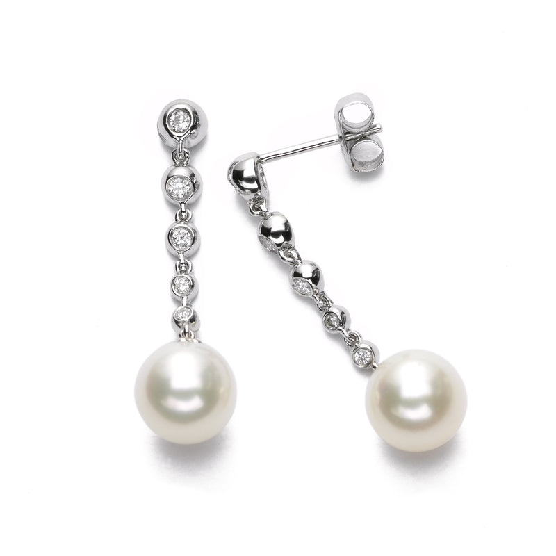Freshwater Cultured 8MM Pearl and Bezel Set Diamond Earrings, 14K White Gold