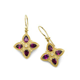 Four Leaf Rhodolite Garnet Dangle Earrings, 14K Yellow Gold