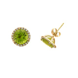 Round Peridot And Diamond Halo Earrings, 14K Yellow Gold