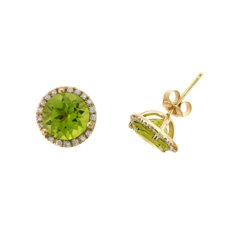 Round Peridot And Diamond Halo Earrings, 14K Yellow Gold