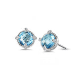 Round Blue Topaz and Diamond Stud Earrings, Sterling Silver