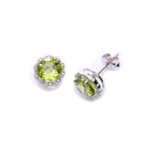 Peridot and Diamond Halo Earrings, 14K White Gold