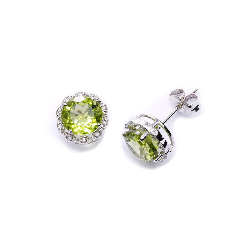 Peridot and Diamond Halo Earrings, 14K White Gold