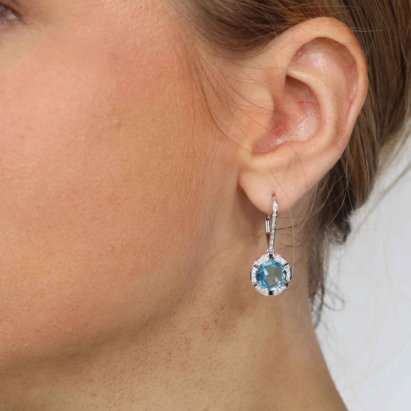 Blue Topaz and Diamond Halo Drop Earrings, 14K White Gold