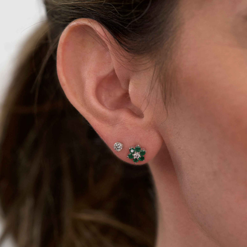 Ruby and Diamond Flower Button Earrings, 14K White Gold