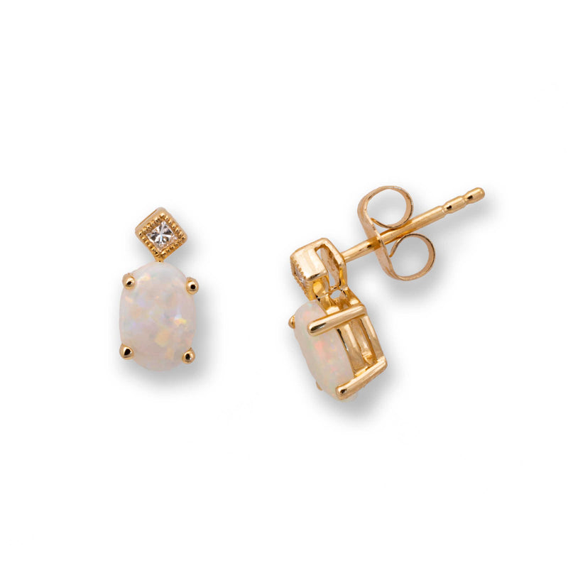 Oval Opal Earrings with Diamond Accent, 14K Yellow Gold