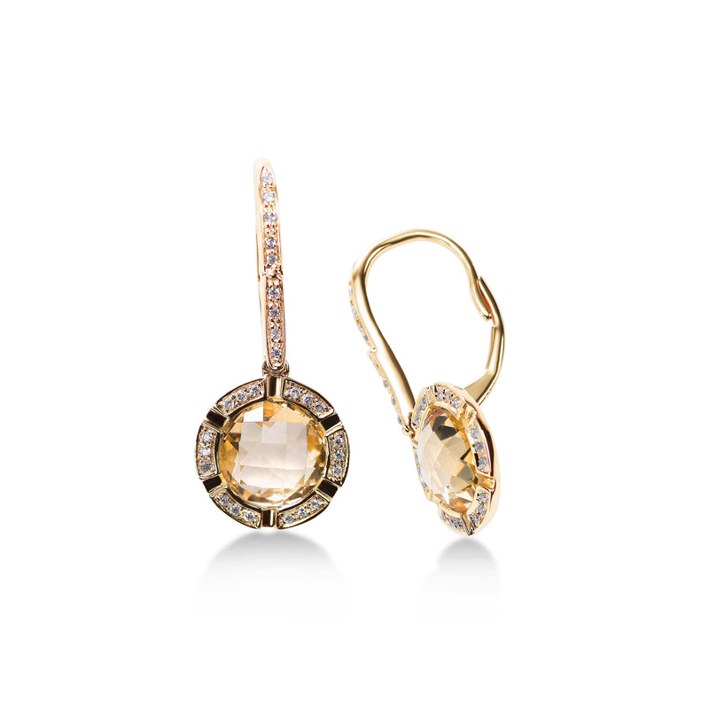 Citrine and Diamond Halo Drop Earrings, 14K Yellow Gold