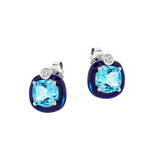 Blue Topaz Earrings with Black Enamel Frame, 18K White Gold