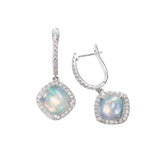 Cabochon Opal and Diamond Halo Drop Earrings, 14K White Gold