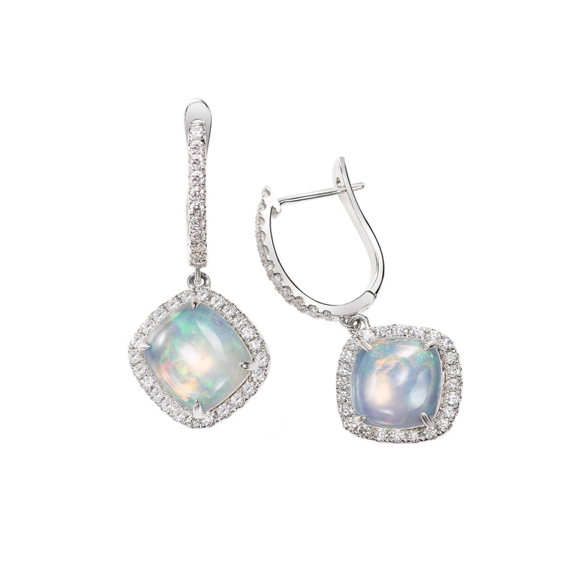 Cabochon Opal and Diamond Halo Drop Earrings, 14K White Gold