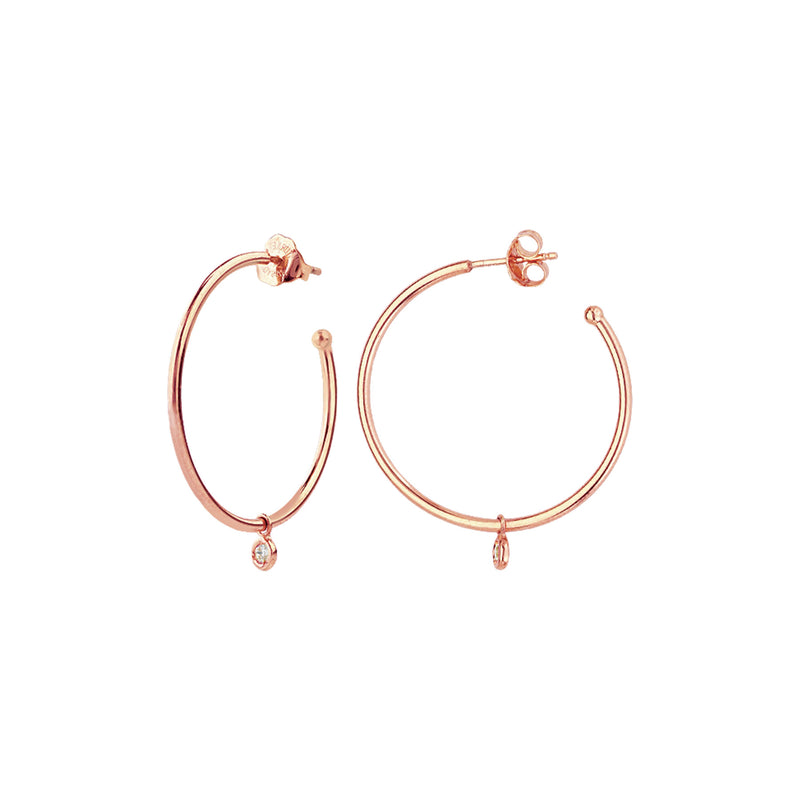 Hoop Earrings with Small Diamond Dangle, 1 Inch, 14K Rose Gold