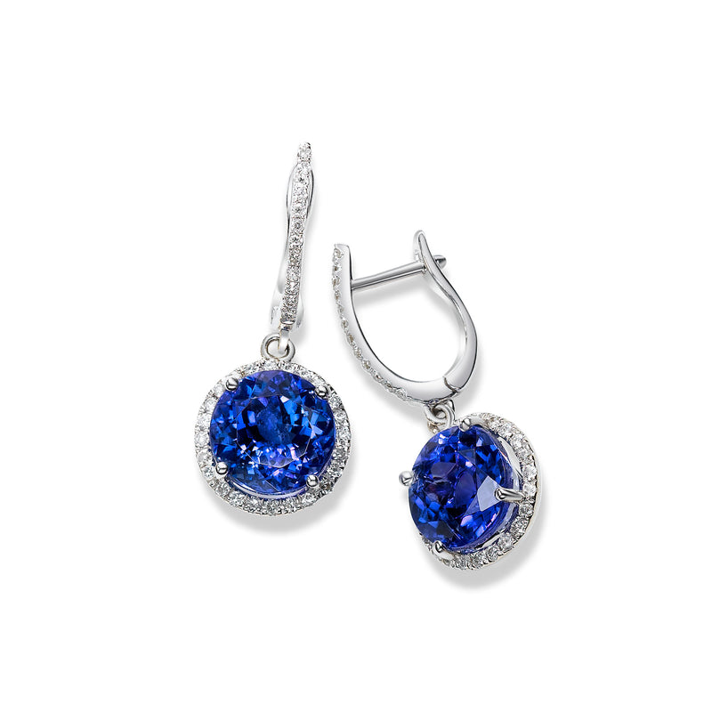 Round Tanzanite and Diamond Halo Drop Earrings, 18K White Gold