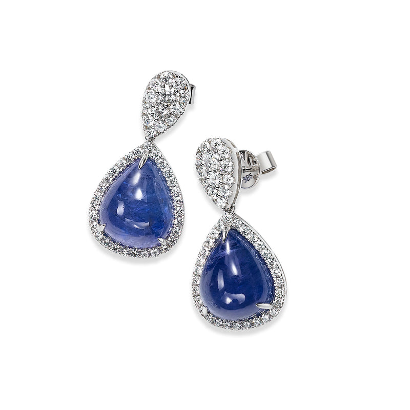 Cabochon Tanzanite and Diamond Halo Drop Earrings, 14K White Gold