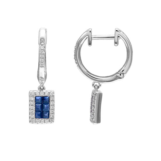 Blue Sapphire and Diamond Halo Earrings, 14K White Gold