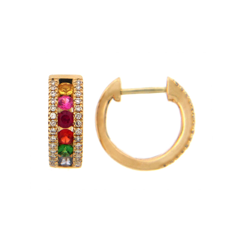 Rainbow Gemstone and Diamond Hoops, 14K Yellow Gold