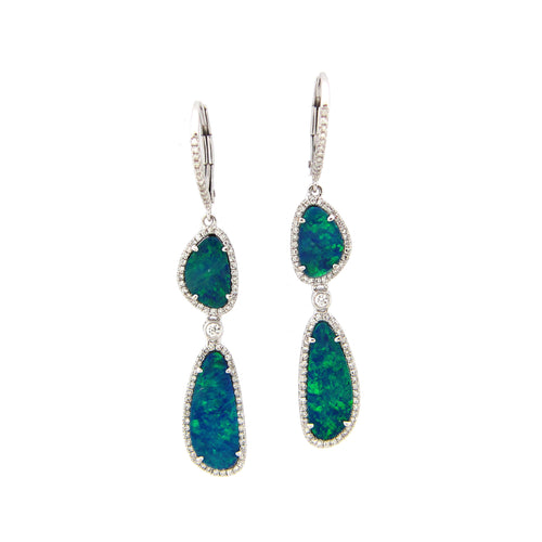 Black Opal and Diamond Halo Dangle Earrings, 18K White Gold