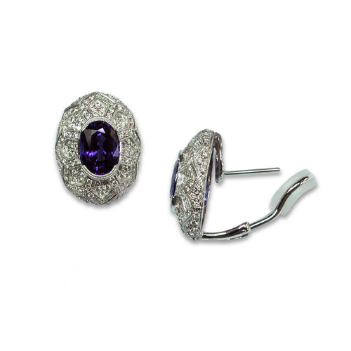 Vintage Style Oval Sapphire and Diamond Earrings, 14K White Gold