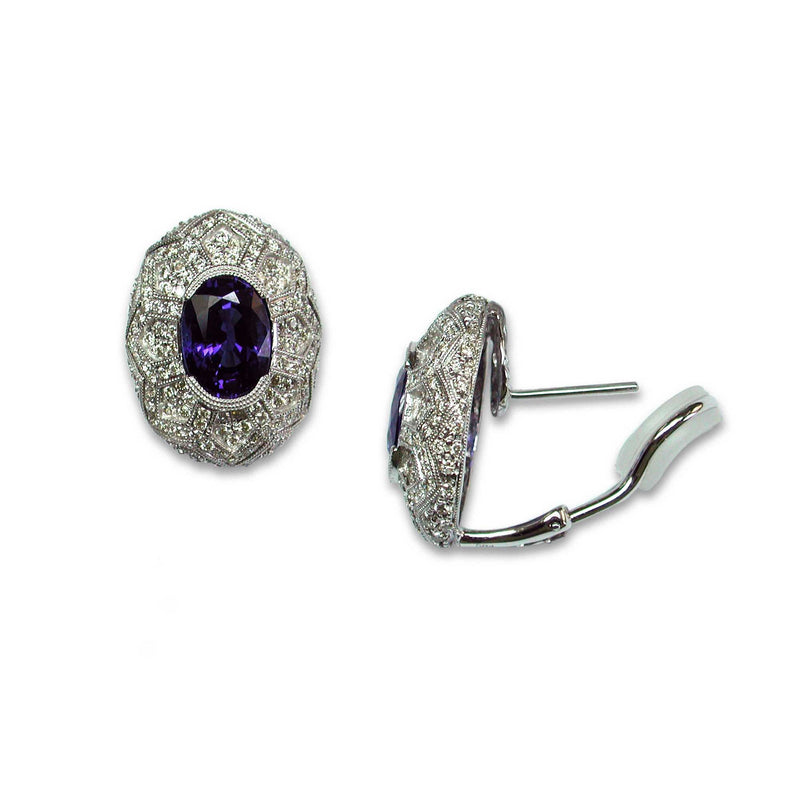 Vintage Style Oval Sapphire and Diamond Earrings, 14K White Gold
