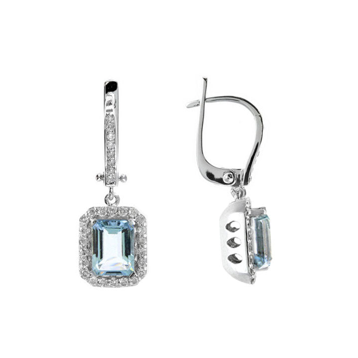 Aquamarine and Diamond Halo Drop Earrings, 14K White Gold