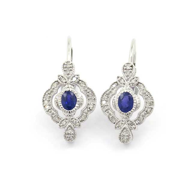 Vintage Style Sapphire and Diamond Earrings, 14K White Gold