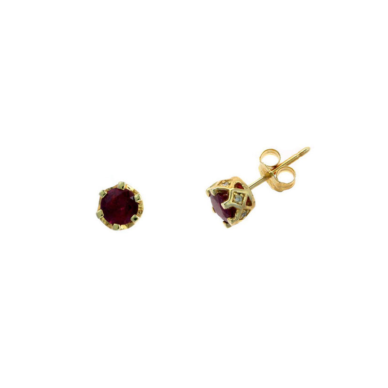 Ruby Stud Earrings with Diamond Accent Mounting, 14K Yellow Gold