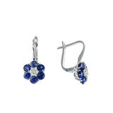 Blue Sapphire and Diamond Flower Drop Earrings, 14K White Gold