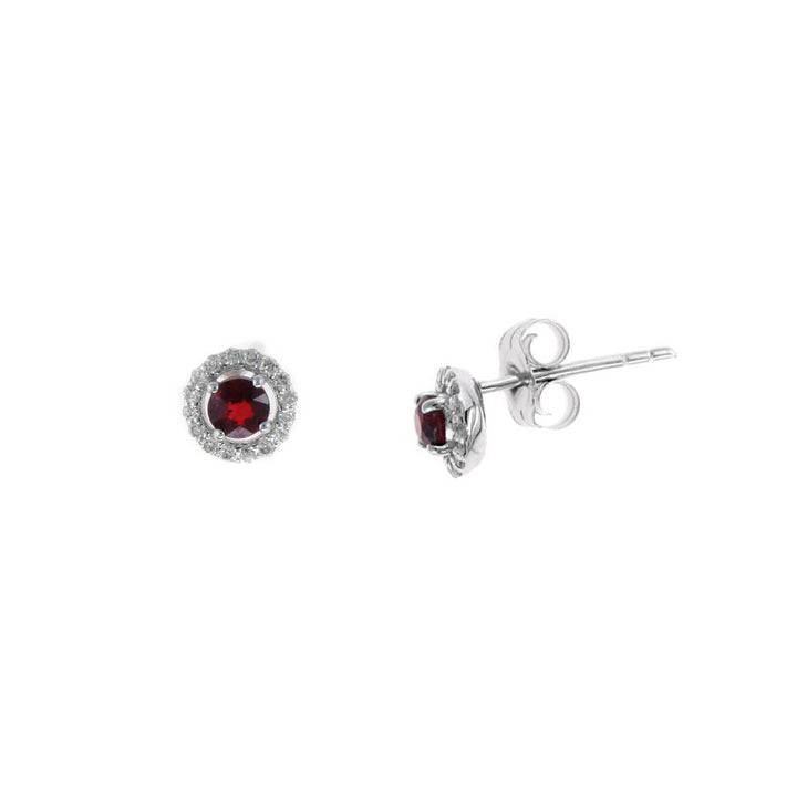 Petite Ruby and Diamond Halo Stud Earrings, 14K White Gold